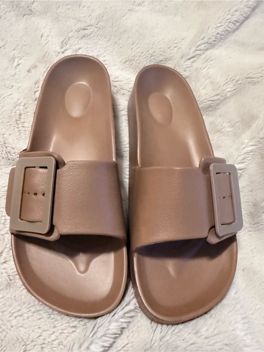 SHEIN Taupe Slide Sandals with Oversized Buckle
